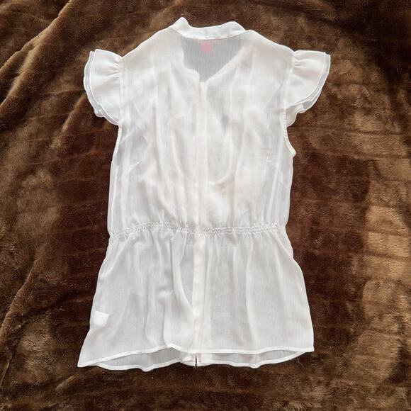 Sunny Leigh M White Ruffle Front Peplum Blouse Semi-Sheer Crinkle Fabric Top - Picture 4 of 5